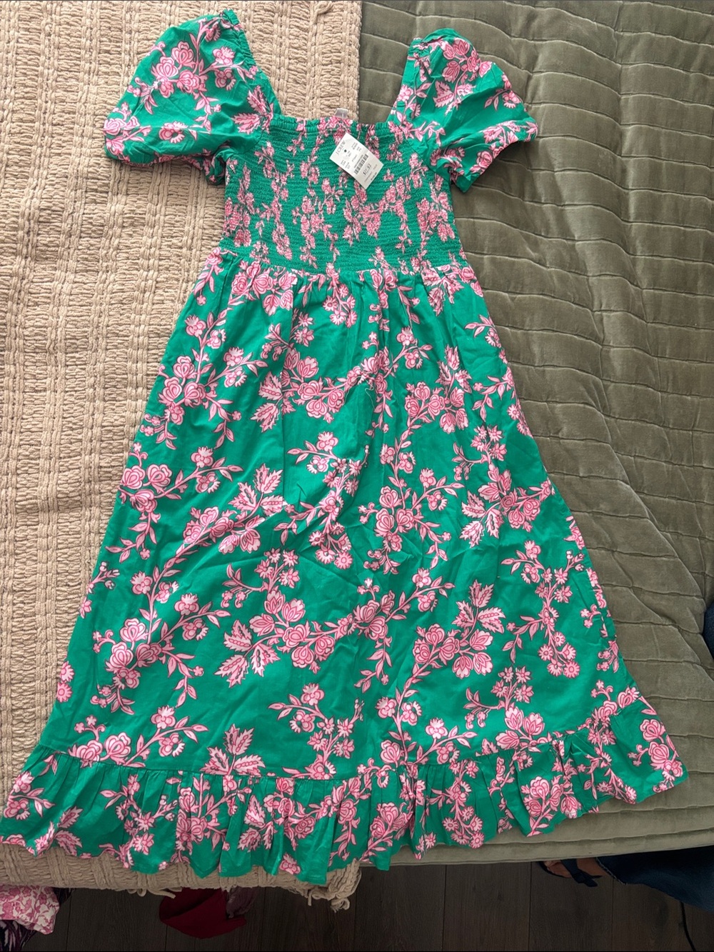 J. Crew Green Maxi Dress with Pink Floral Print